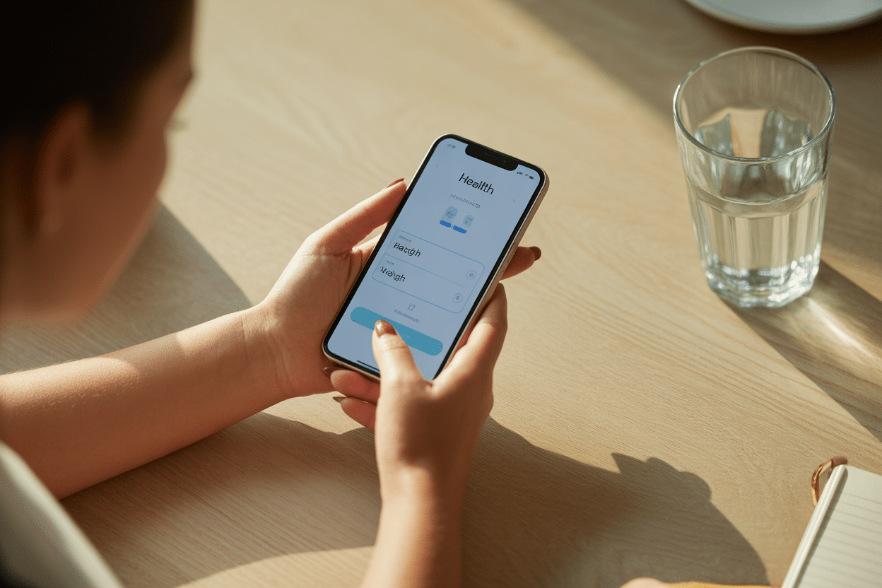 female entering height and weight into a bmi index female calculator on a phone