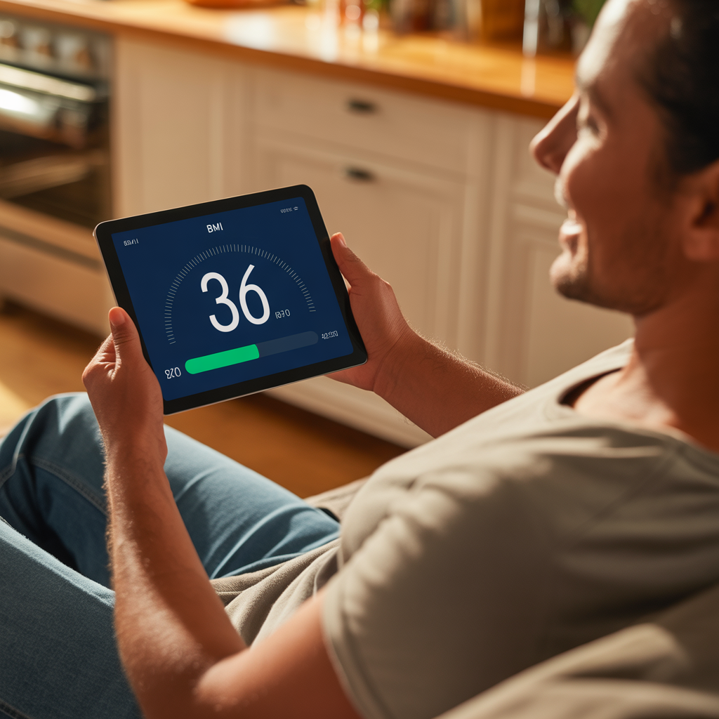 Person reviewing figure out my bmi calculator result on a tablet