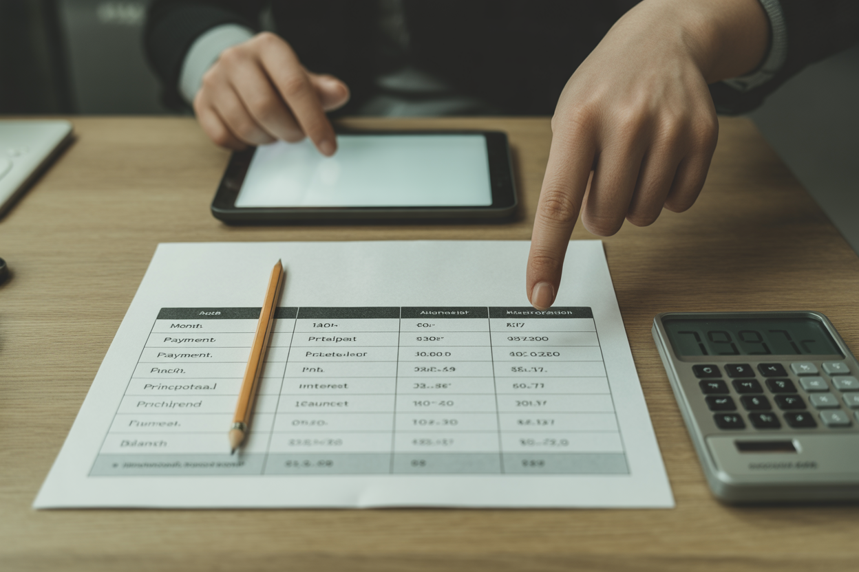Loan calculator amortization schedule showing monthly principal and interest breakdown