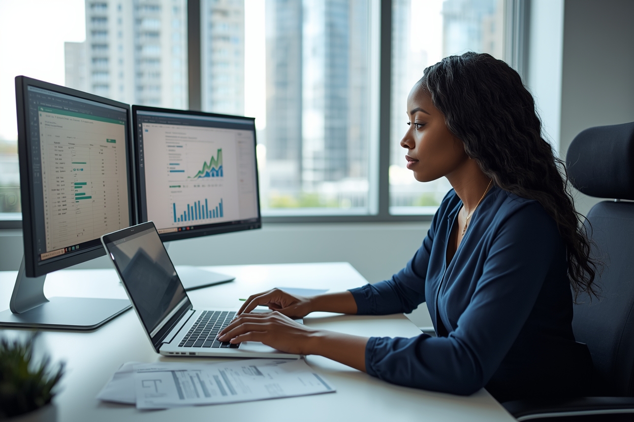 Person on laptop using math solver online to calculate percentages for a financial report