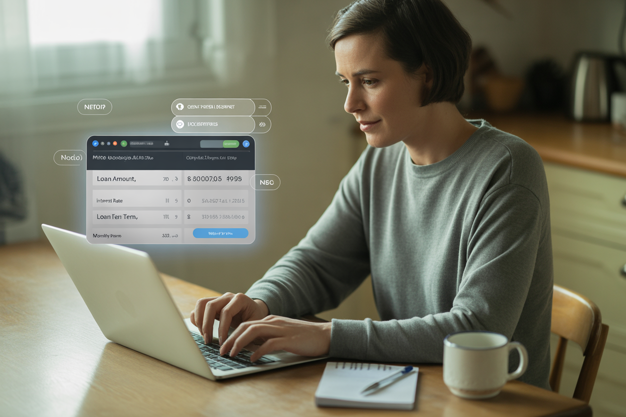 Person using a loan calculator on a laptop to estimate monthly payments
