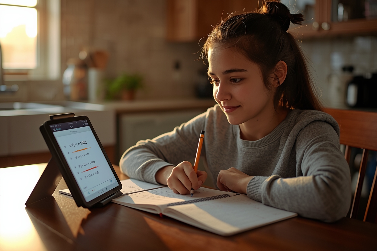 School student reviewing step-by-step solution from math solver online on a tablet