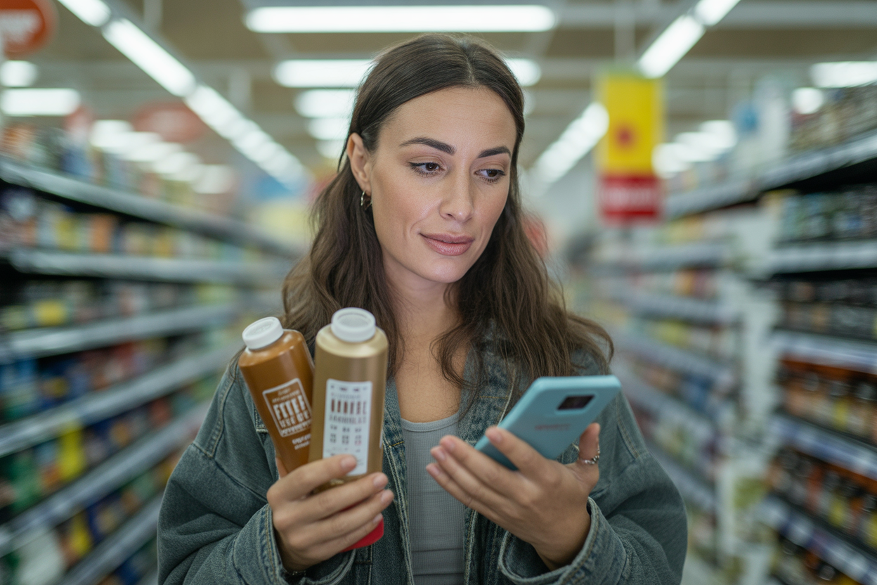 4 function calculator being used for shopping price comparison at a store