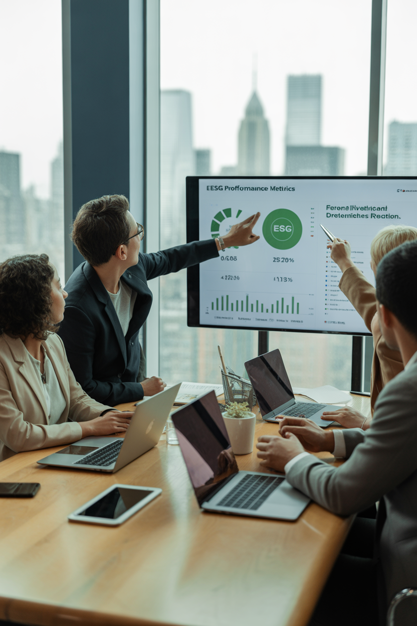 American business professionals discussing ESG sustainable finance strategy in a boardroom