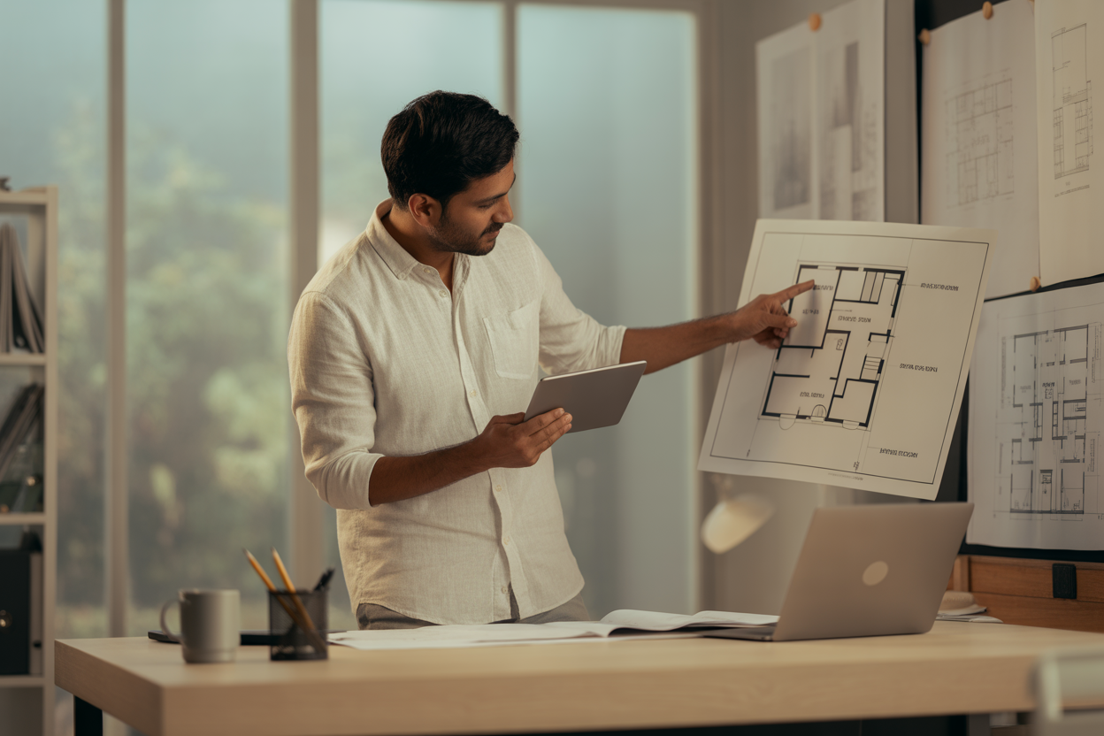 Architect reviewing floor plan with square meter to square feet area calculations