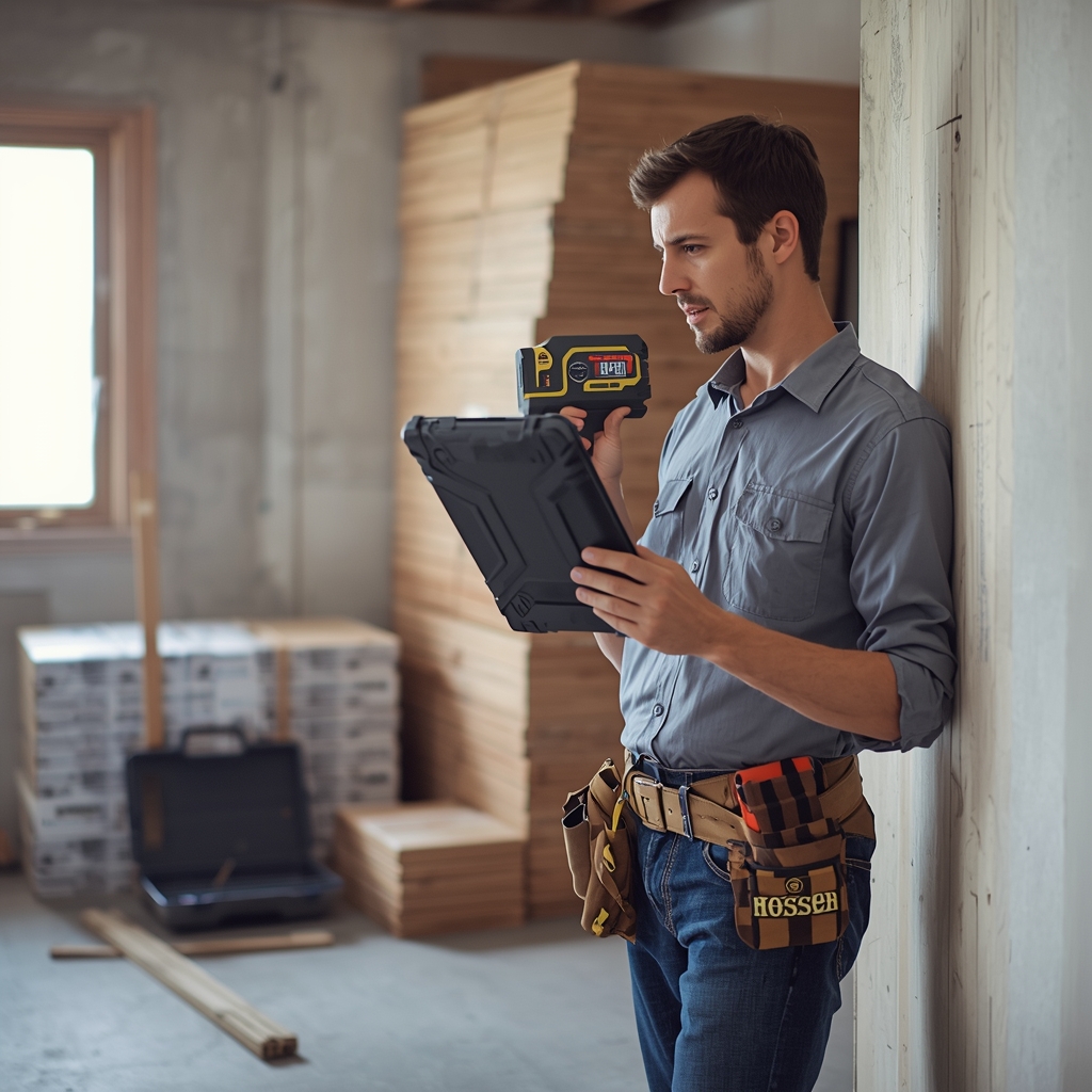 Contractor using a sq ft calculator on a tablet while measuring a room for flooring