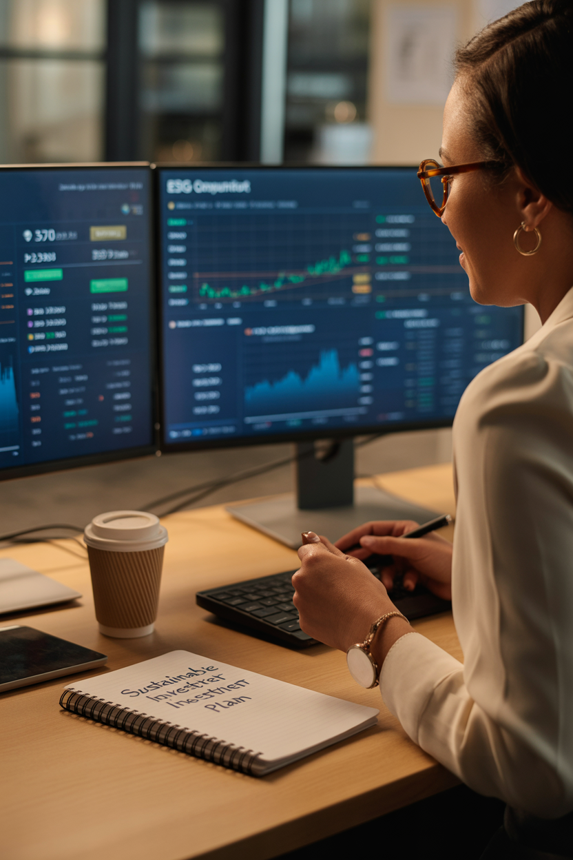 Diverse team of financial analysts reviewing sustainable finance and ESG investment data on laptops