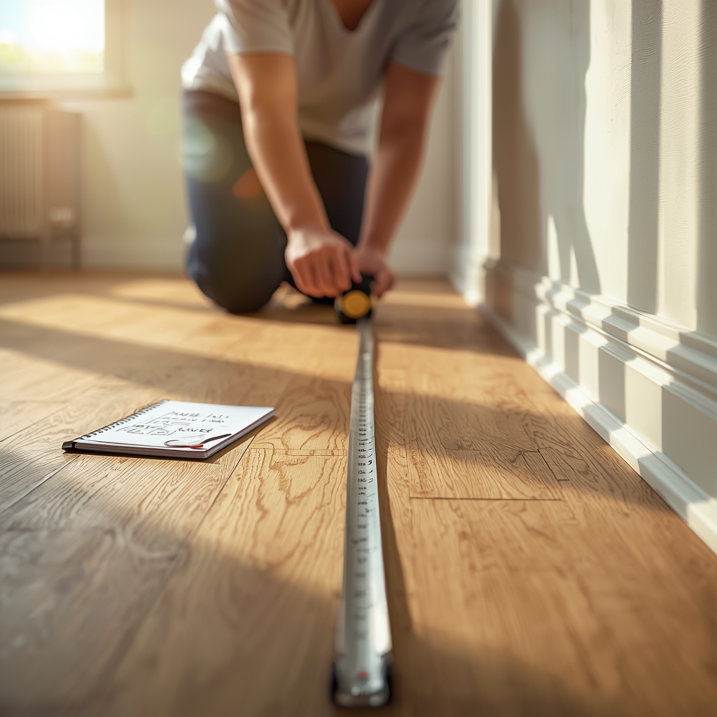 Illustration of a sq ft calculator being used to measure a room floor plan
