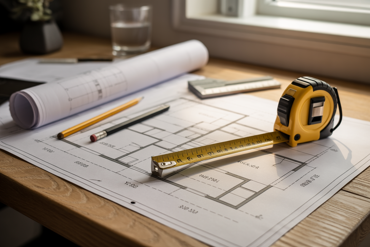Measurement tape on a floor plan showing square meter to square feet conversion