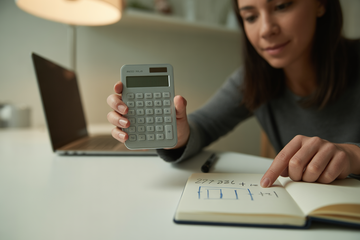 Person using a calculator on a desk to convert sq m to sq ft for property purchase