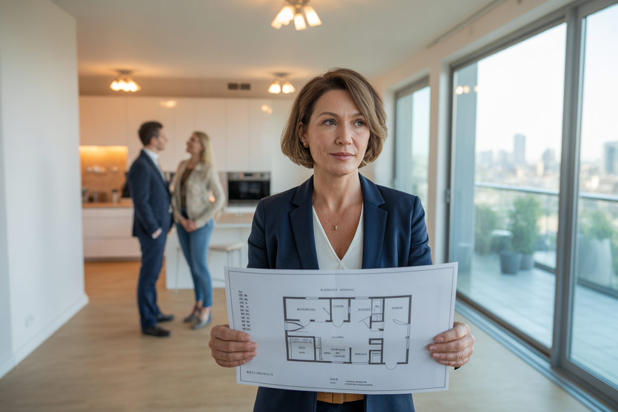 Real estate agent showing apartment floor plan with square meter and square feet measurements