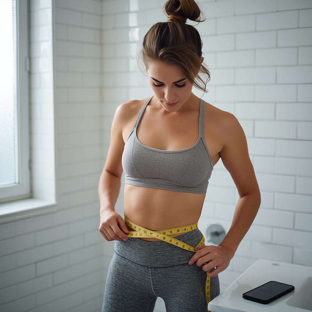 Woman measuring waist for female body fat percentage calculation at home