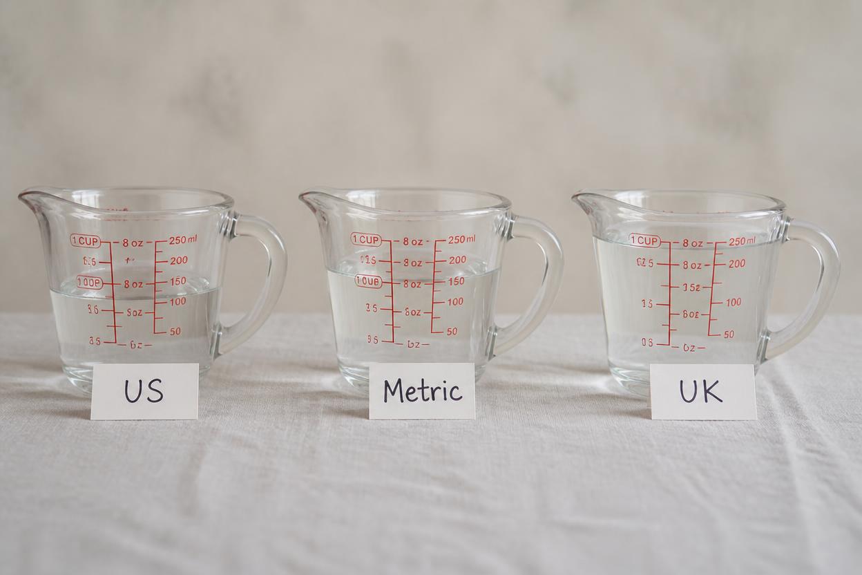 comparison of US cup metric cup and imperial cup showing 200 milliliters to cups difference