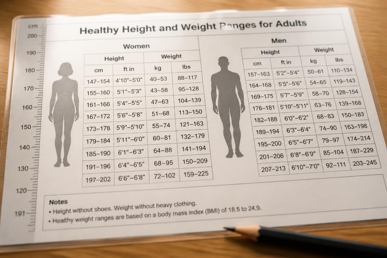 height weight chart showing ideal weight for height in healthy adults