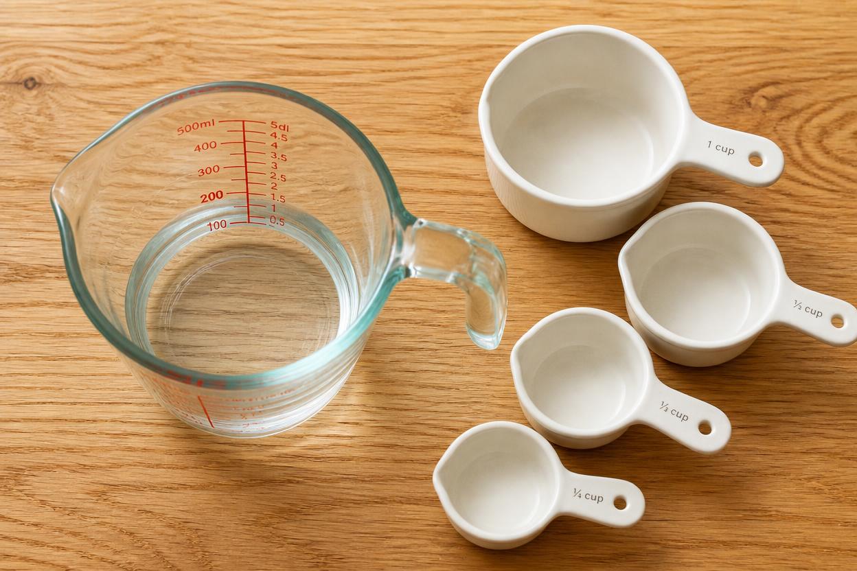 kitchen measuring cups and jug showing 200 ml to cups conversion for cooking