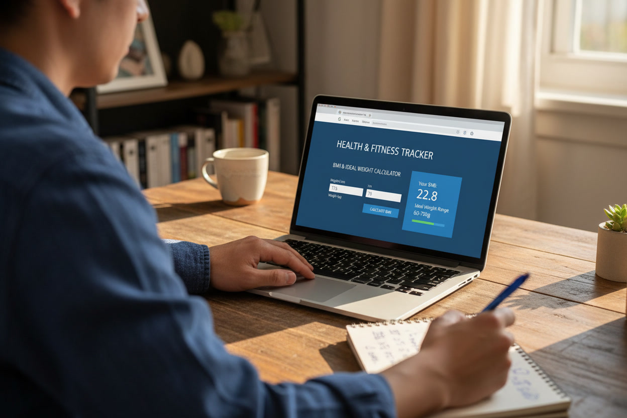 person checking ideal weight for height using an online BMI and weight calculator
