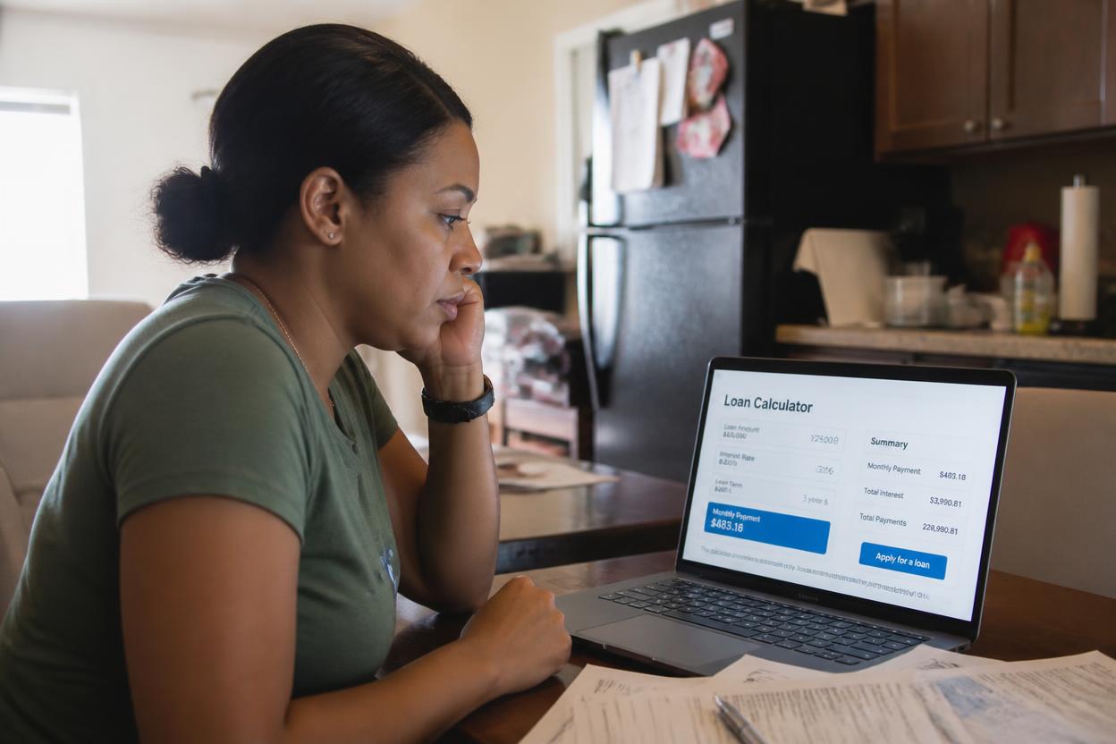 Bad credit loans — person using a loan calculator on a laptop to estimate monthly payments