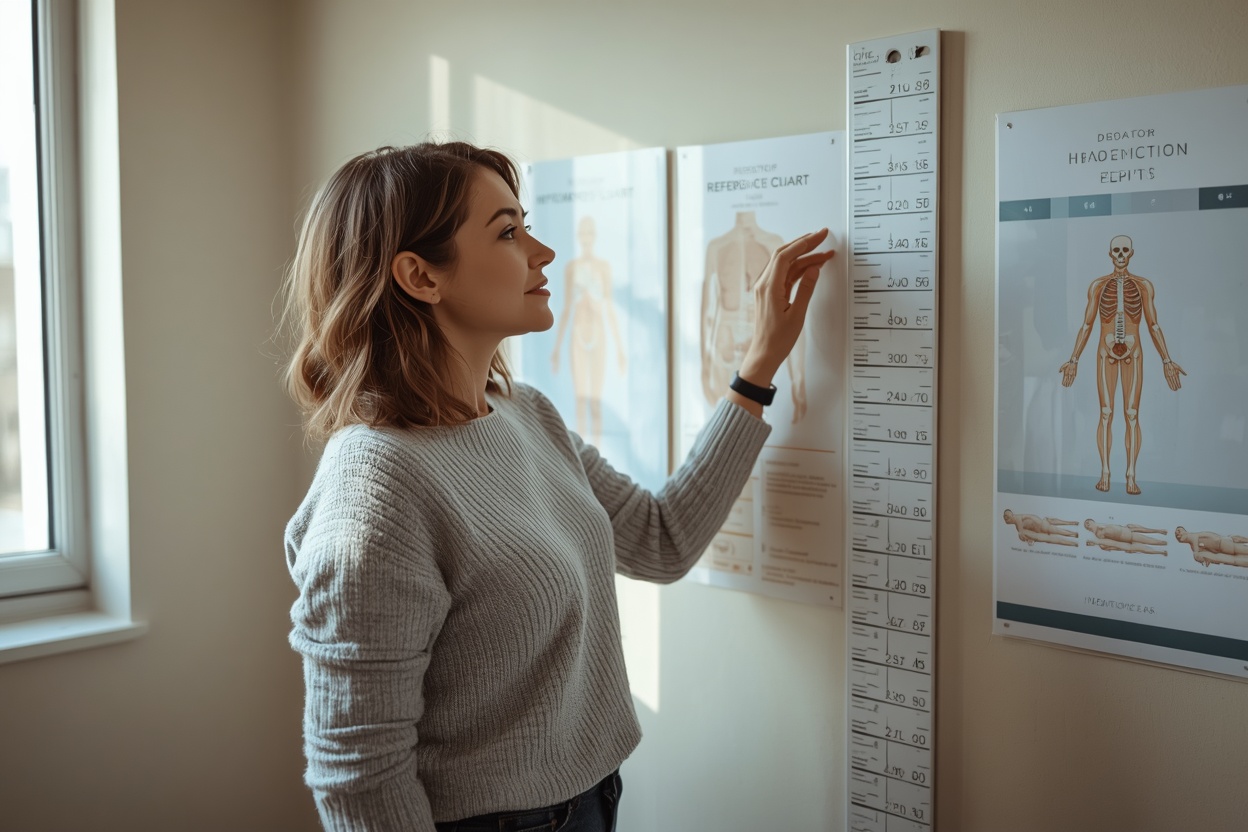 woman checking ideal weight for height on a health chart at a doctor's office