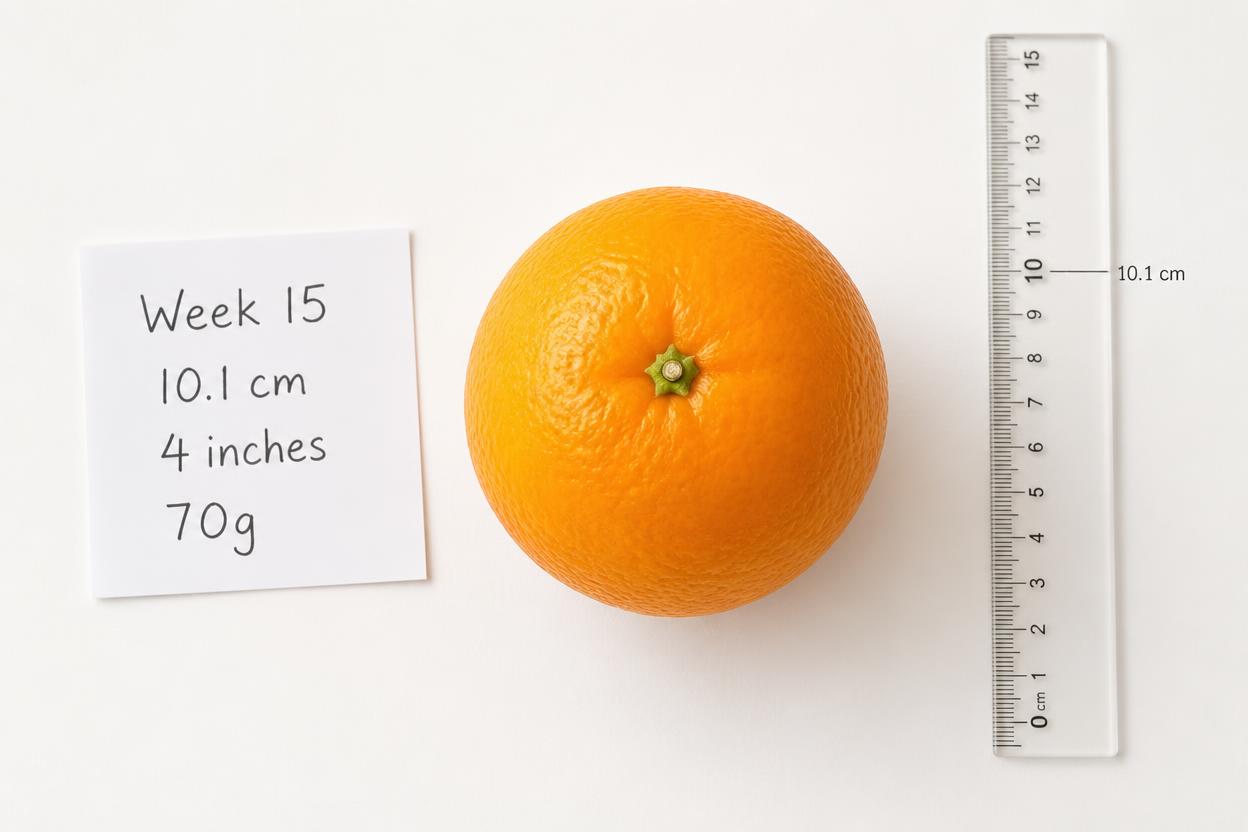 15 week fetus size comparison chart showing measurements in cm, mm and inches