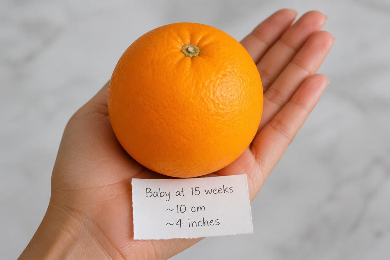 15 week fetus size fruit comparison with navel orange held in palm of hand