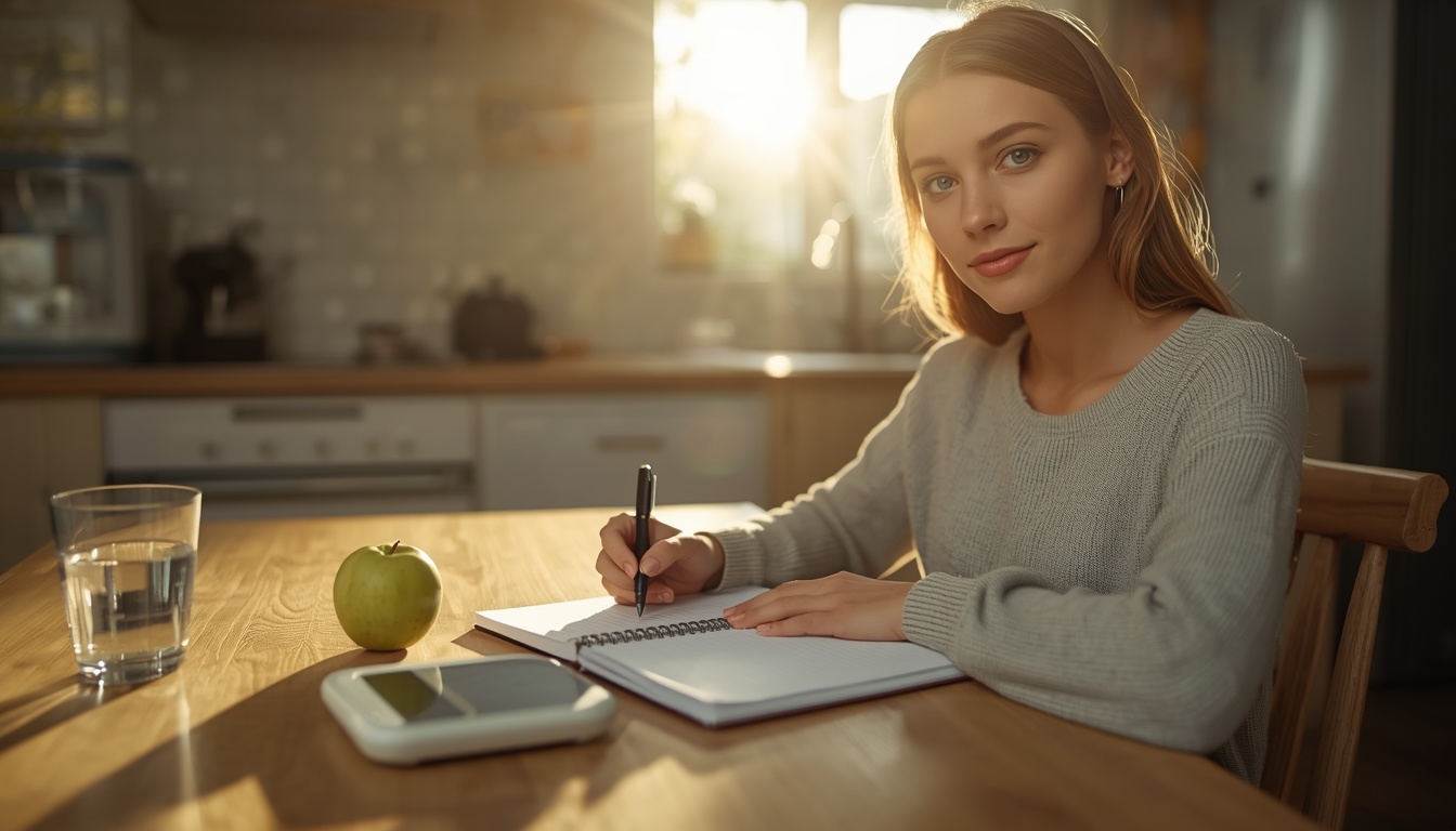 BMR calculator — woman tracking basal metabolic rate with nutrition journal