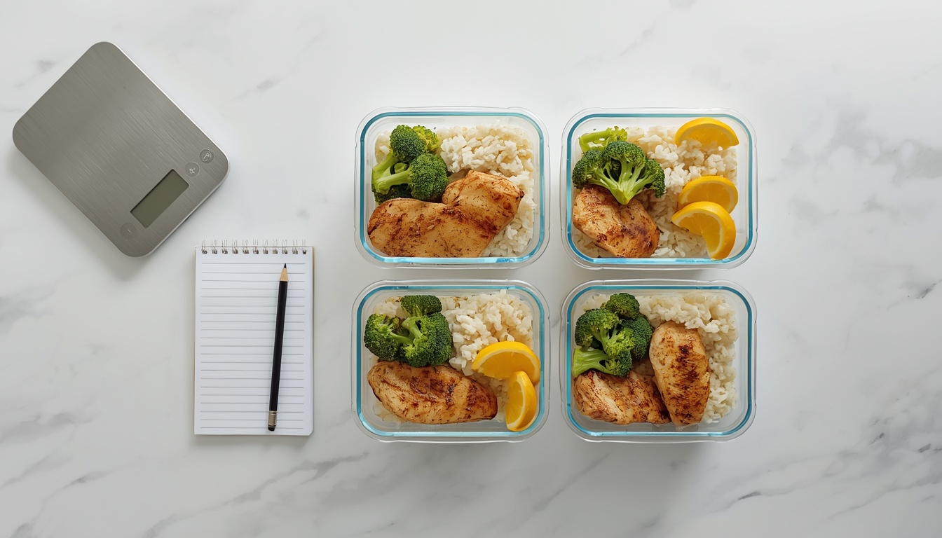 basal metabolic rate calculator — meal prep flatlay with food scale and calorie log