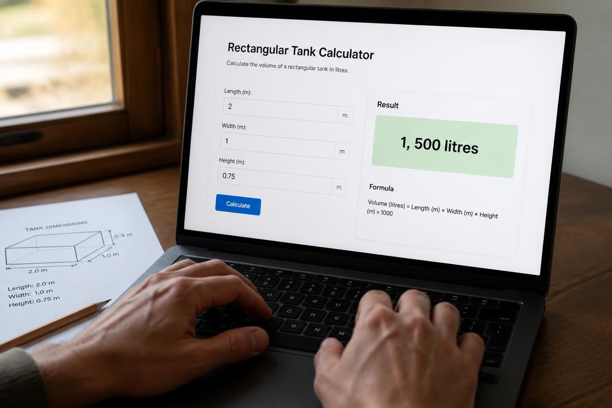 Calculator screen showing volume in litres calculation for a cylindrical water tank