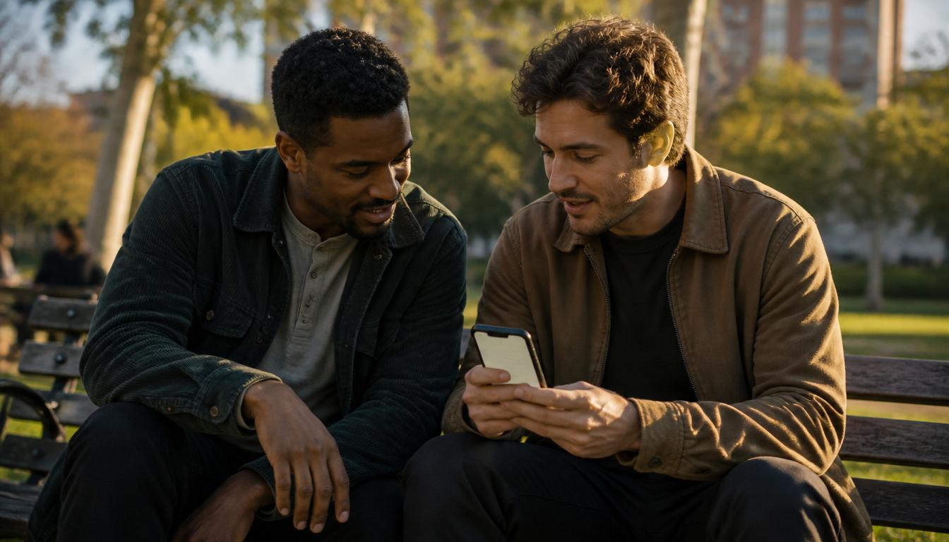 diet motivation, two friends discussing progress on a park bench