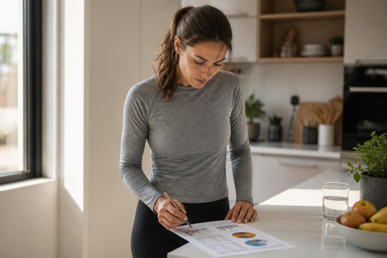 Woman reviewing calculate macros for weight loss targets on a nutrition chart