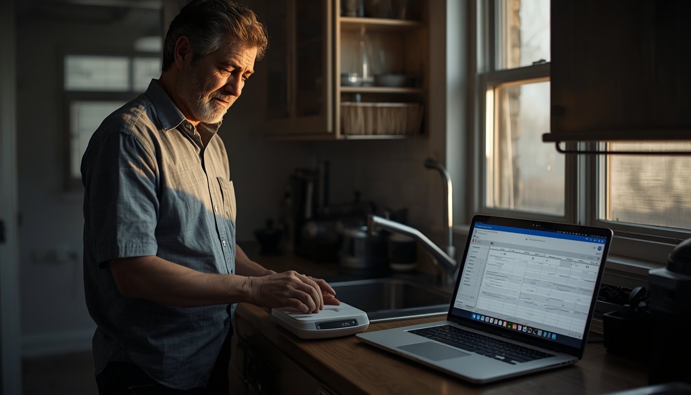 diet motivation, person logging food with a kitchen scale and laptop