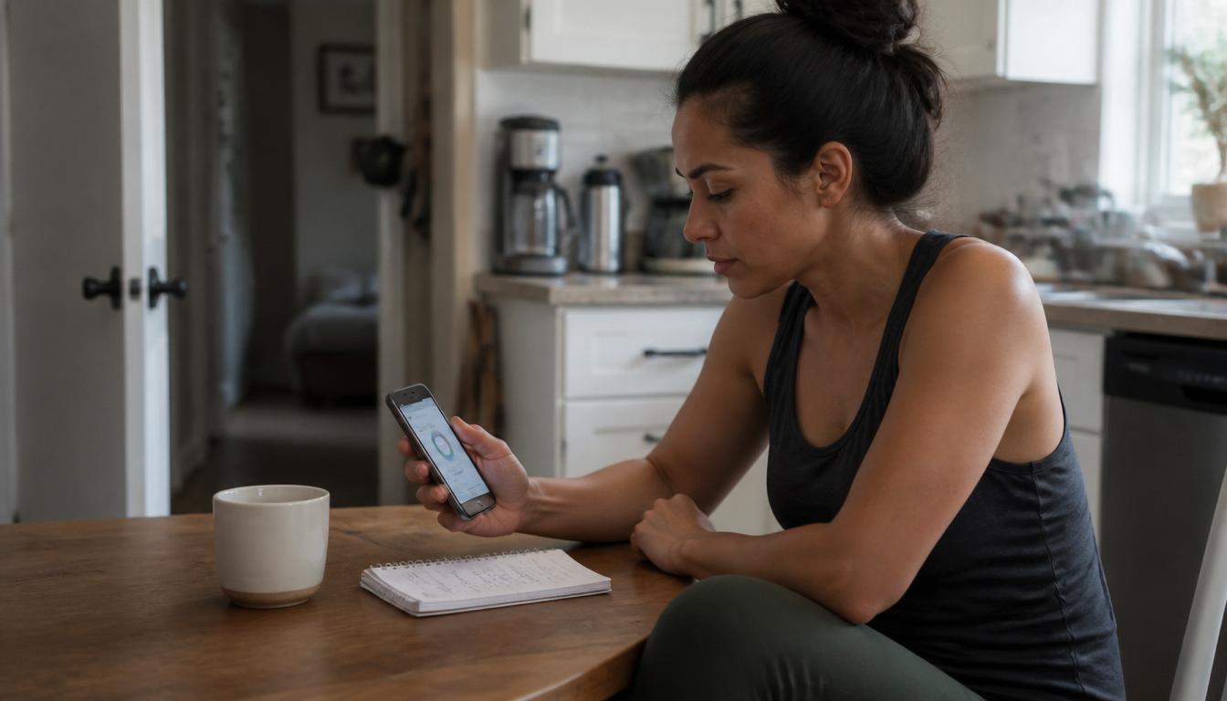 diet motivation, person reviewing a simple tracking app at the breakfast table