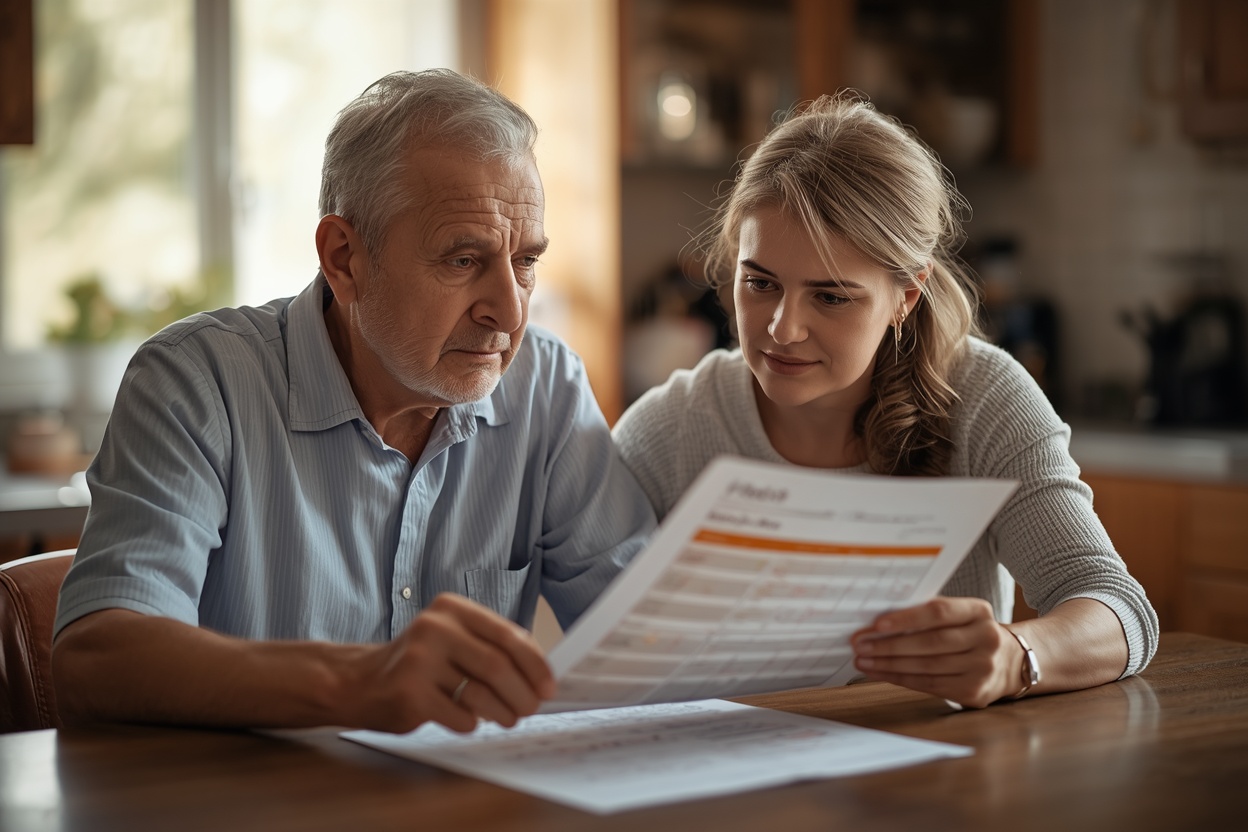 Older man and daughter discussing memory concerns — understanding when forgetting names might be a serious issue versus normal aging