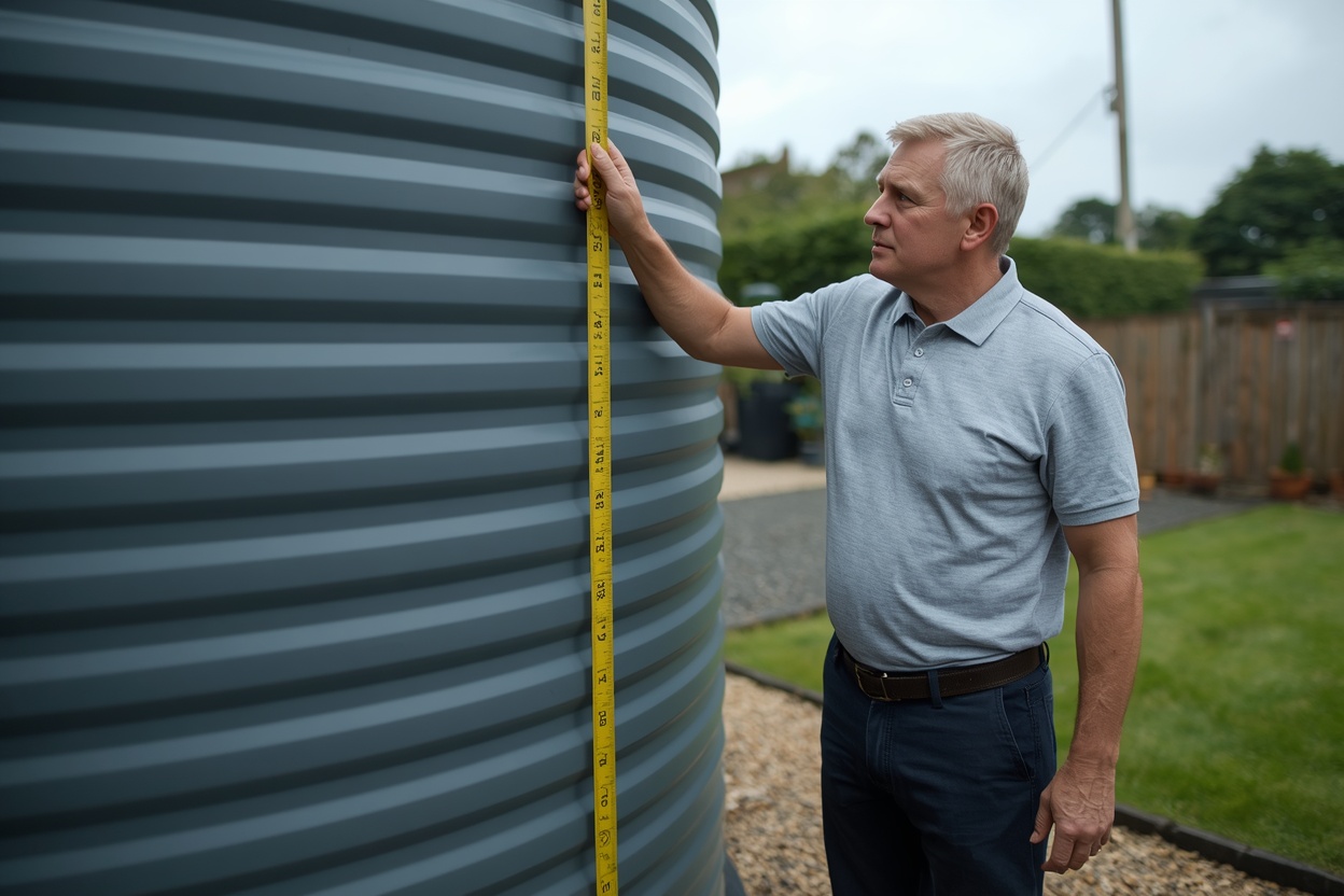 Person measuring a rectangular water tank capacity in litres with a tape measure