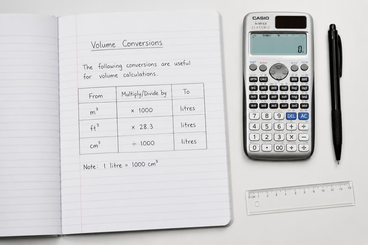 Unit conversion table showing cubic metres to litres and cubic feet to litres for calculating tank volume