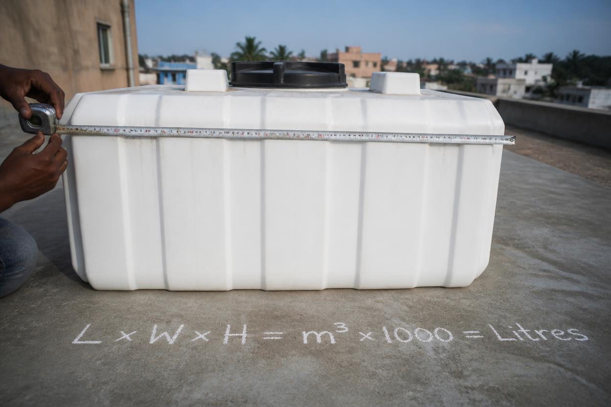 Diagram showing how to calculate volume in litres for a rectangular water tank using length, width and height measurements