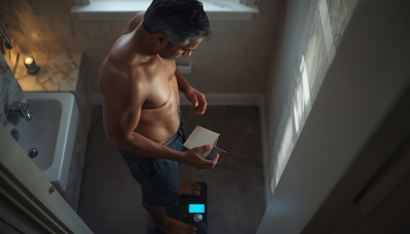 why bmr is important - man checking his weight and BMR numbers in the morning