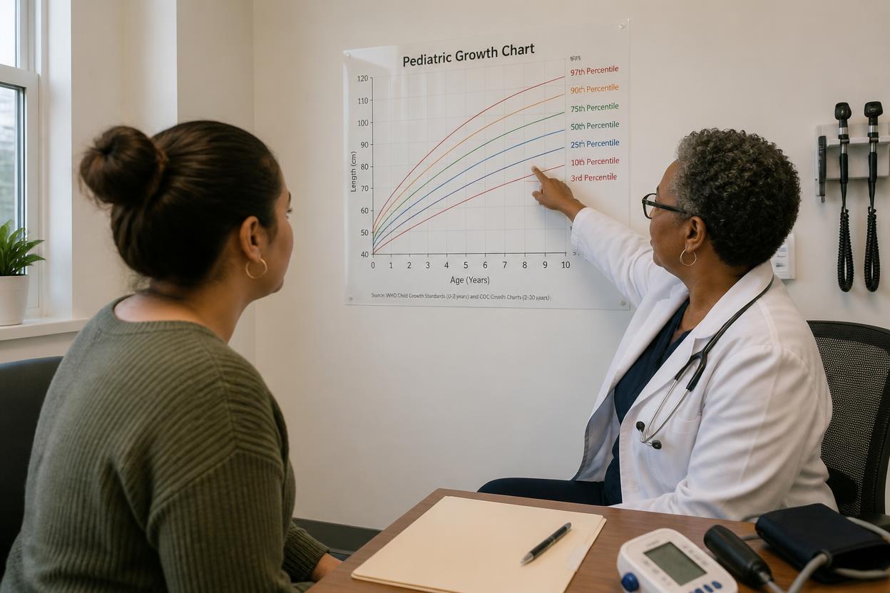 Woman at doctor's office checking what is considered a short height on a medical growth chart