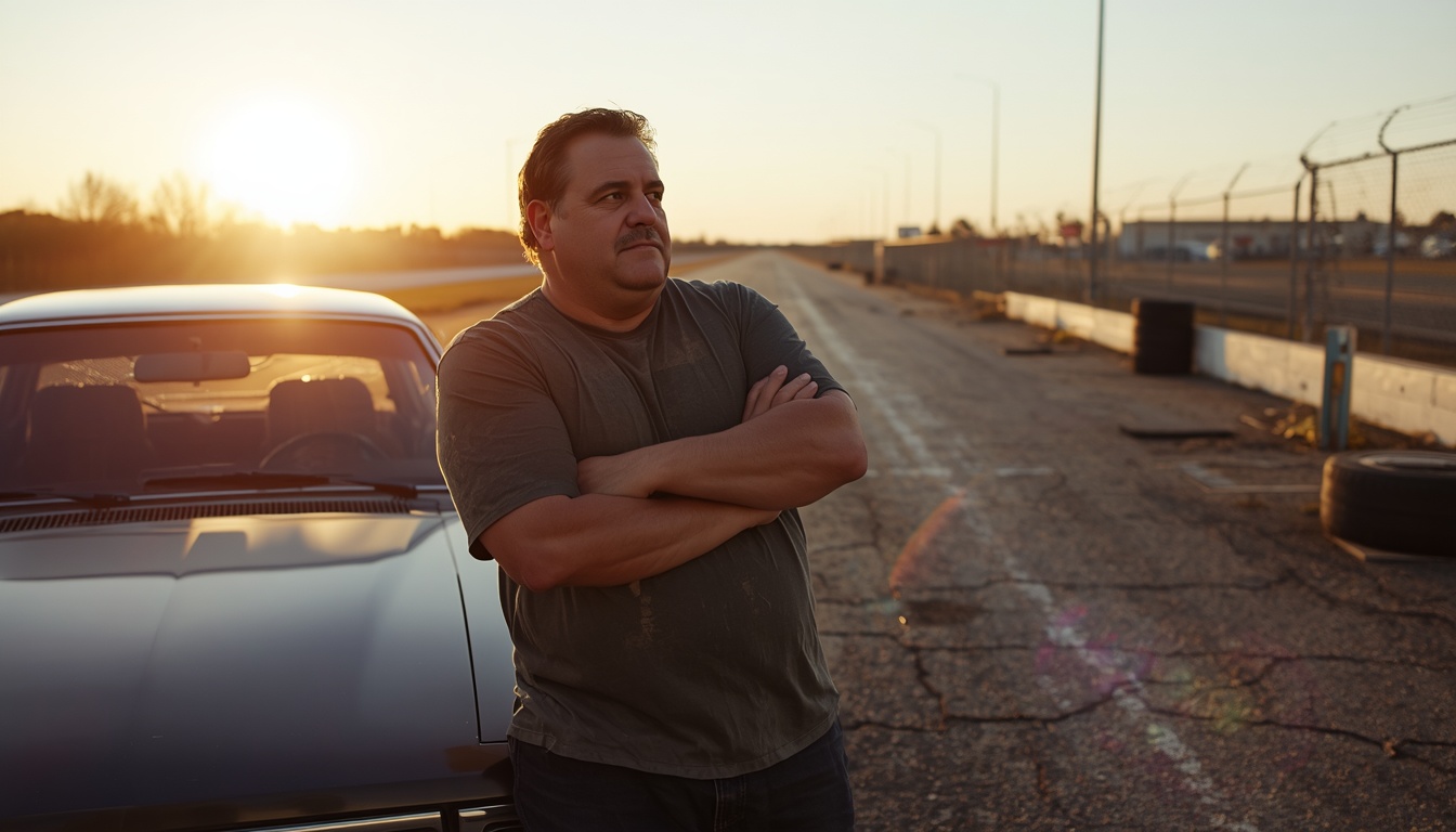 0-60 calculator: driver leaning against a parked car at a quiet drag strip at sunset