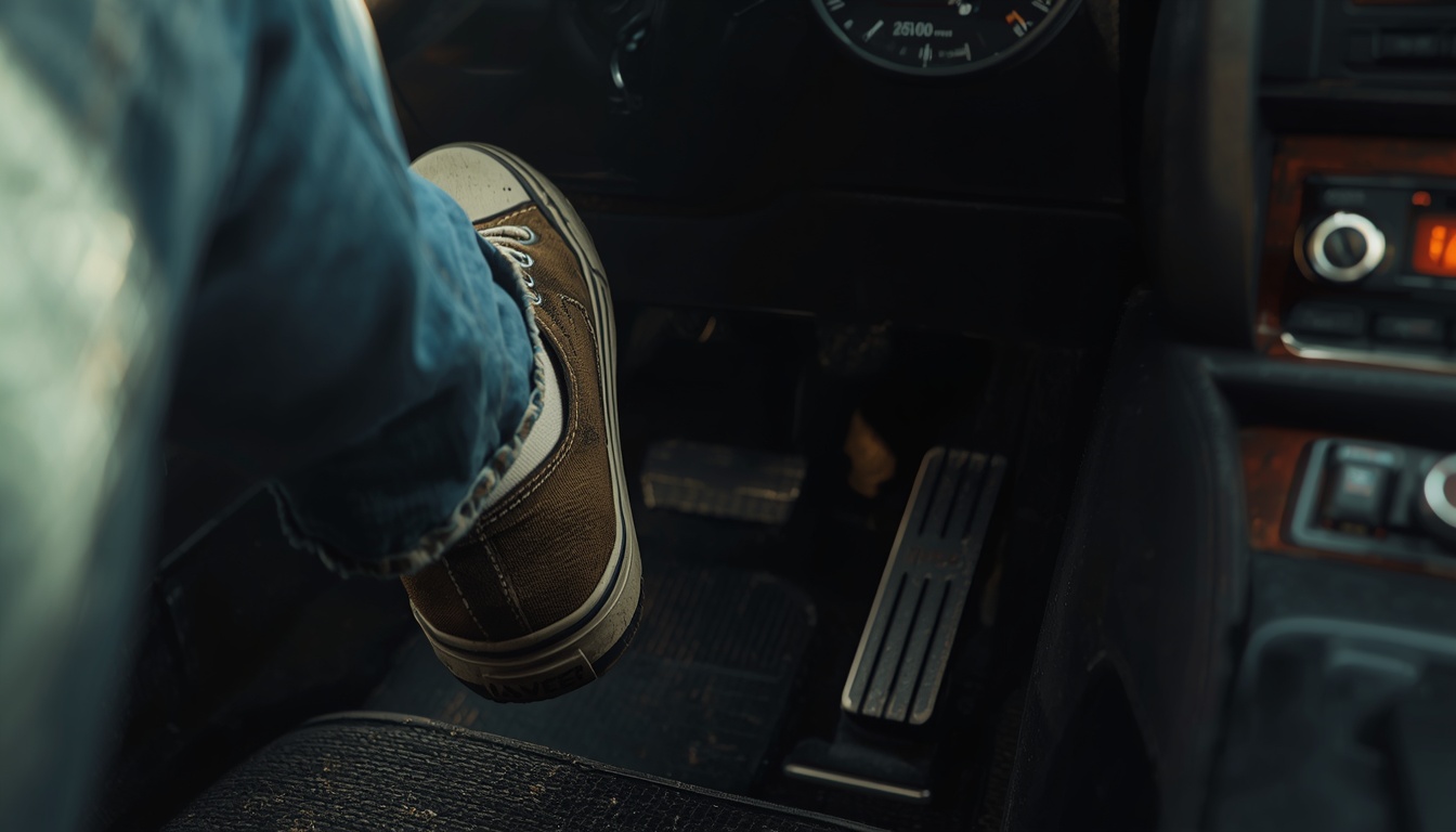 0-60 calculator: close-up of a driver's foot pressing the throttle pedal during acceleration
