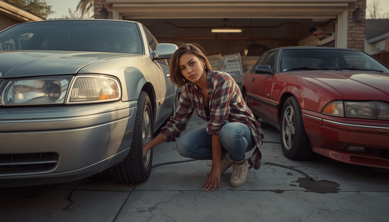 0-60 calculator: owner comparing a sedan and a sports car parked side by side in a driveway