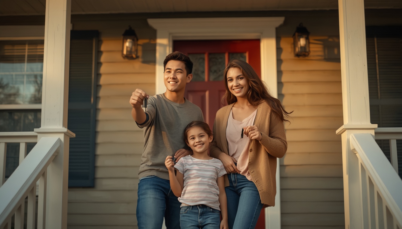 how much house can i afford: family holding keys outside their new home
