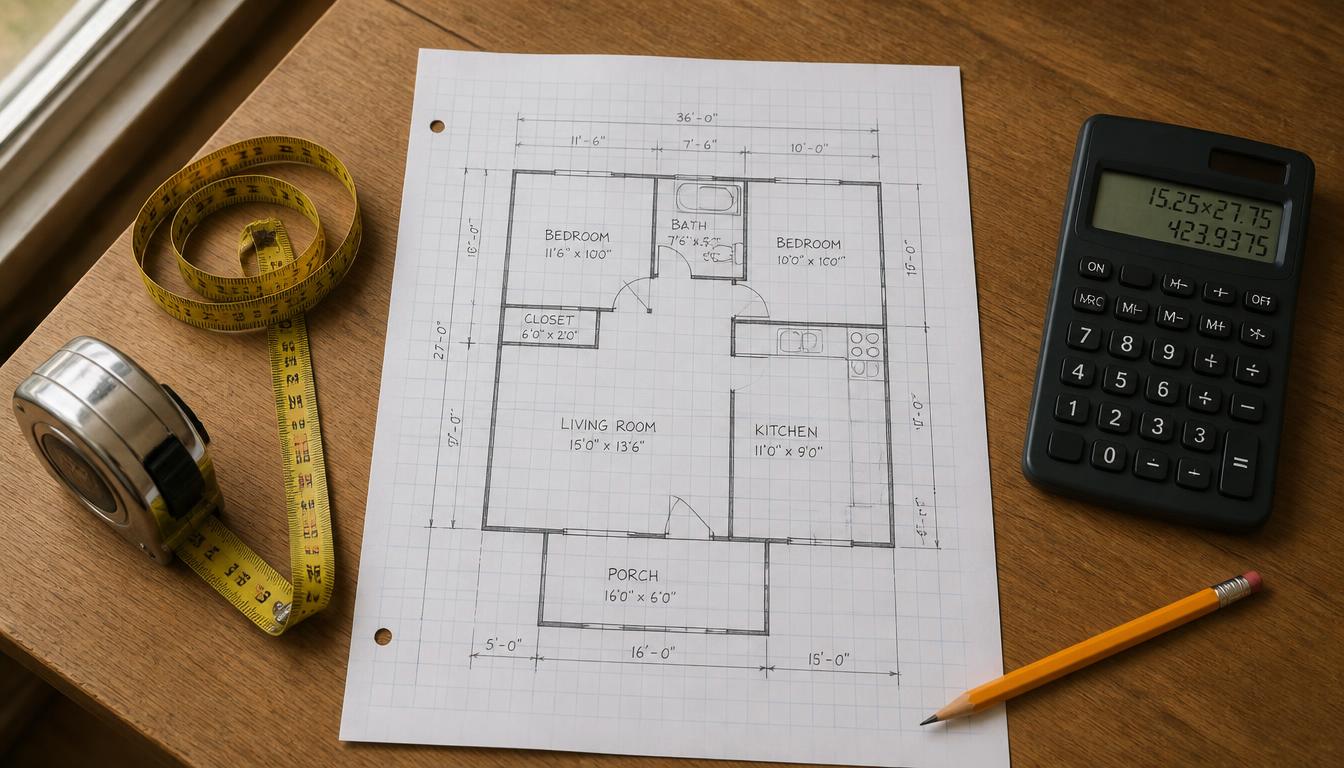 how to figure out square footage — floor plan sketch with tape measure and calculator