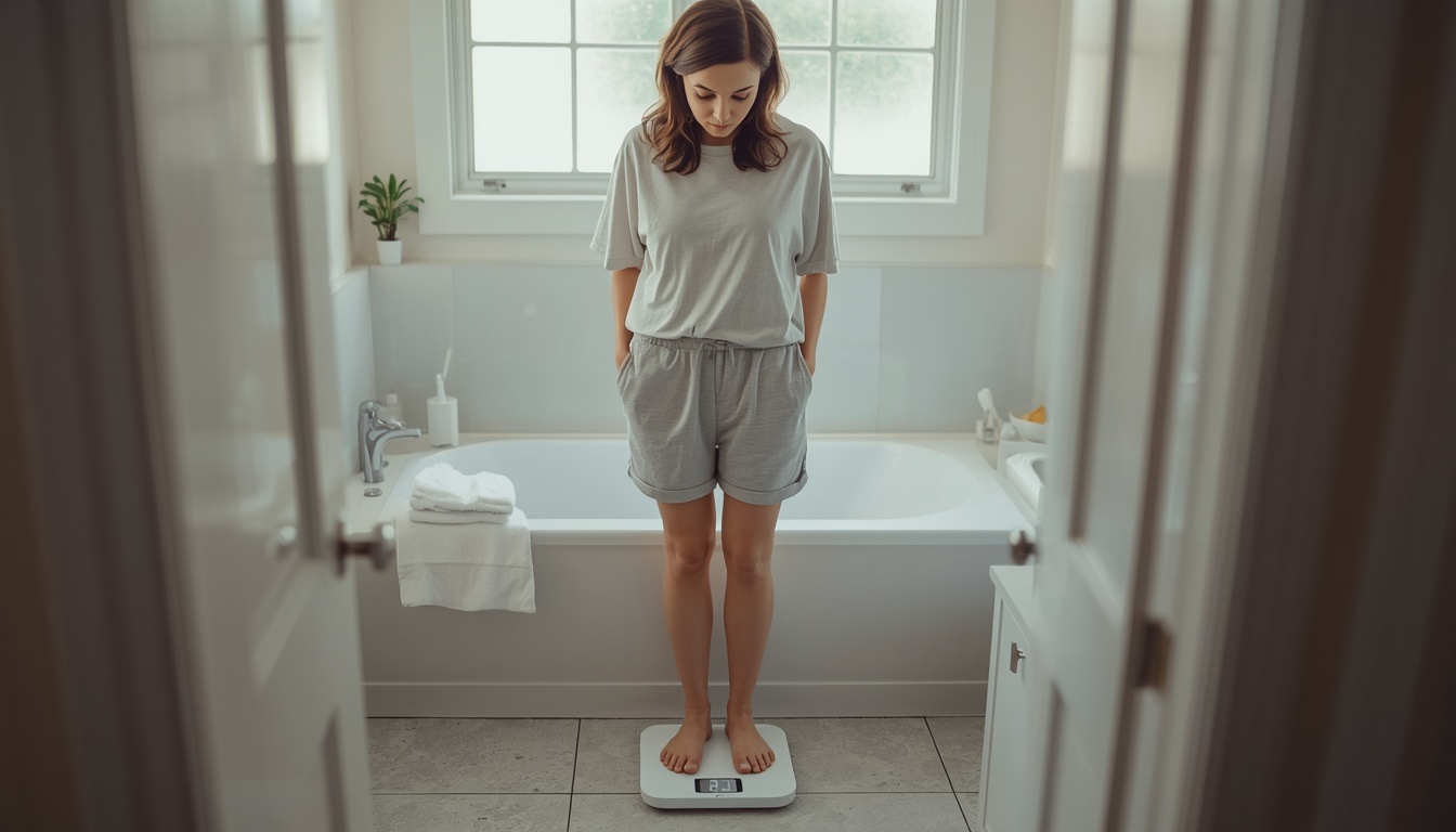 how to calculate BMI: checking weight on a home bathroom scale during a morning routine