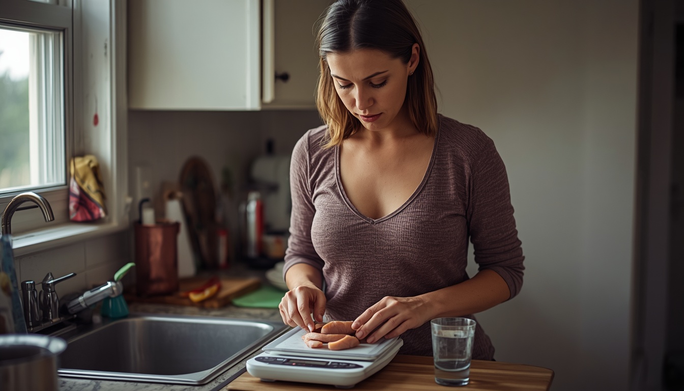 how many calories should i eat a day: woman weighing food portions in her kitchen