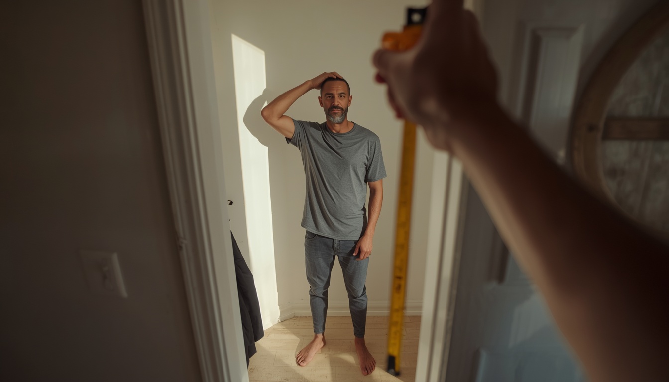 how to calculate BMI: measuring height against a doorway with a tape measure