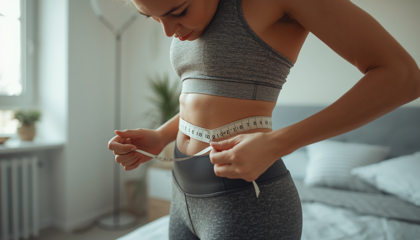 how to calculate hip to waist ratio — woman measuring her waist with a tape measure