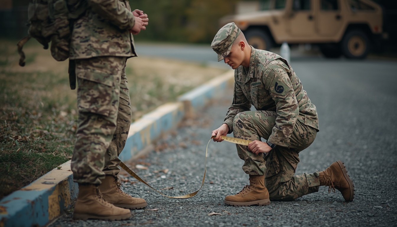 apft body fat calculator: soldier measuring waist circumference with tape in unit PT area