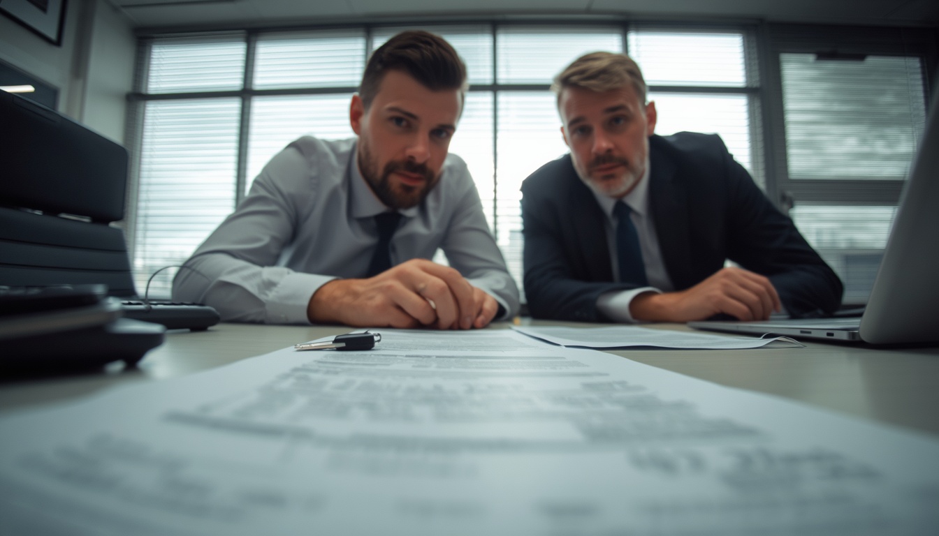 auto loan calculator: buyer reviewing car loan paperwork and down payment terms with a finance manager