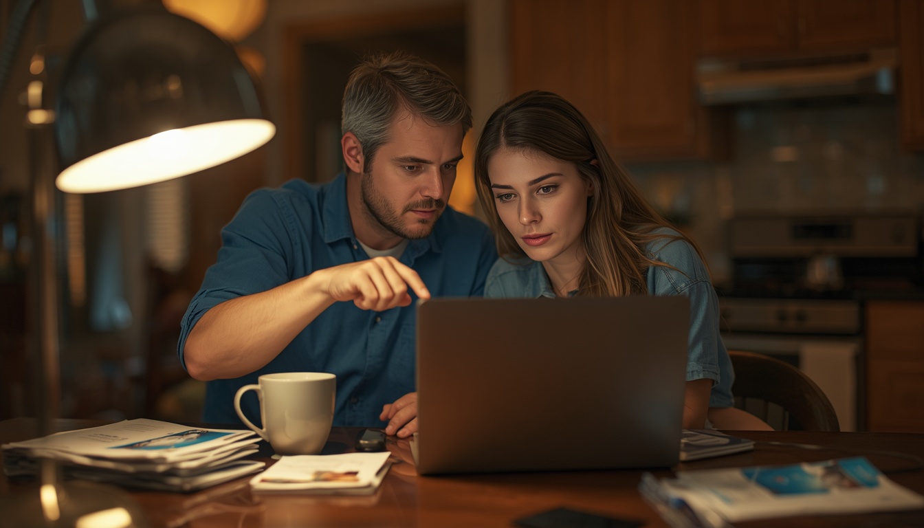 auto loan calculator: couple reviewing monthly car payment on a laptop before visiting the dealership