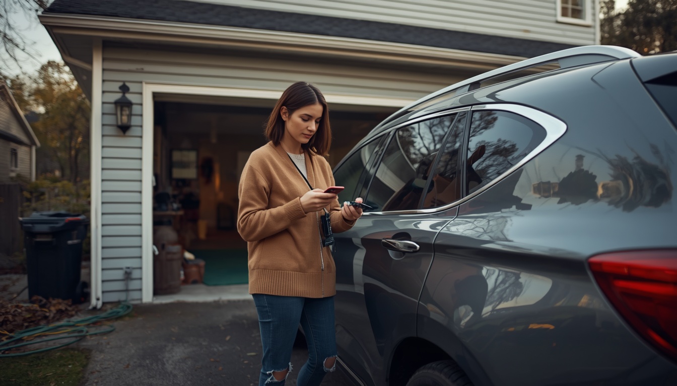 auto loan calculator: driver checking payoff progress on a car loan next to their vehicle at home